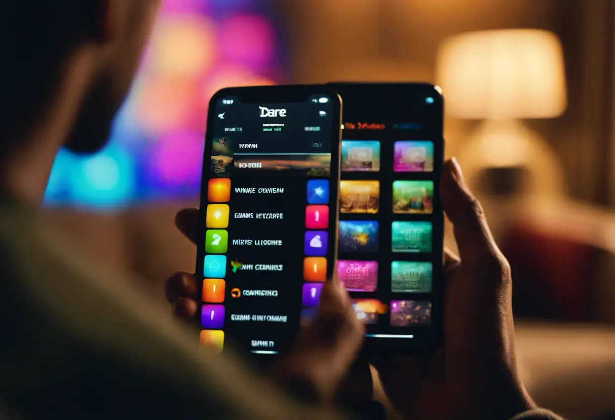 A user browsing dare categories on the Xdares mobile app in a cozy living room.