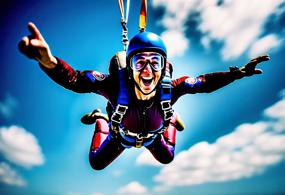 A person skydiving with excitement and an open parachute.