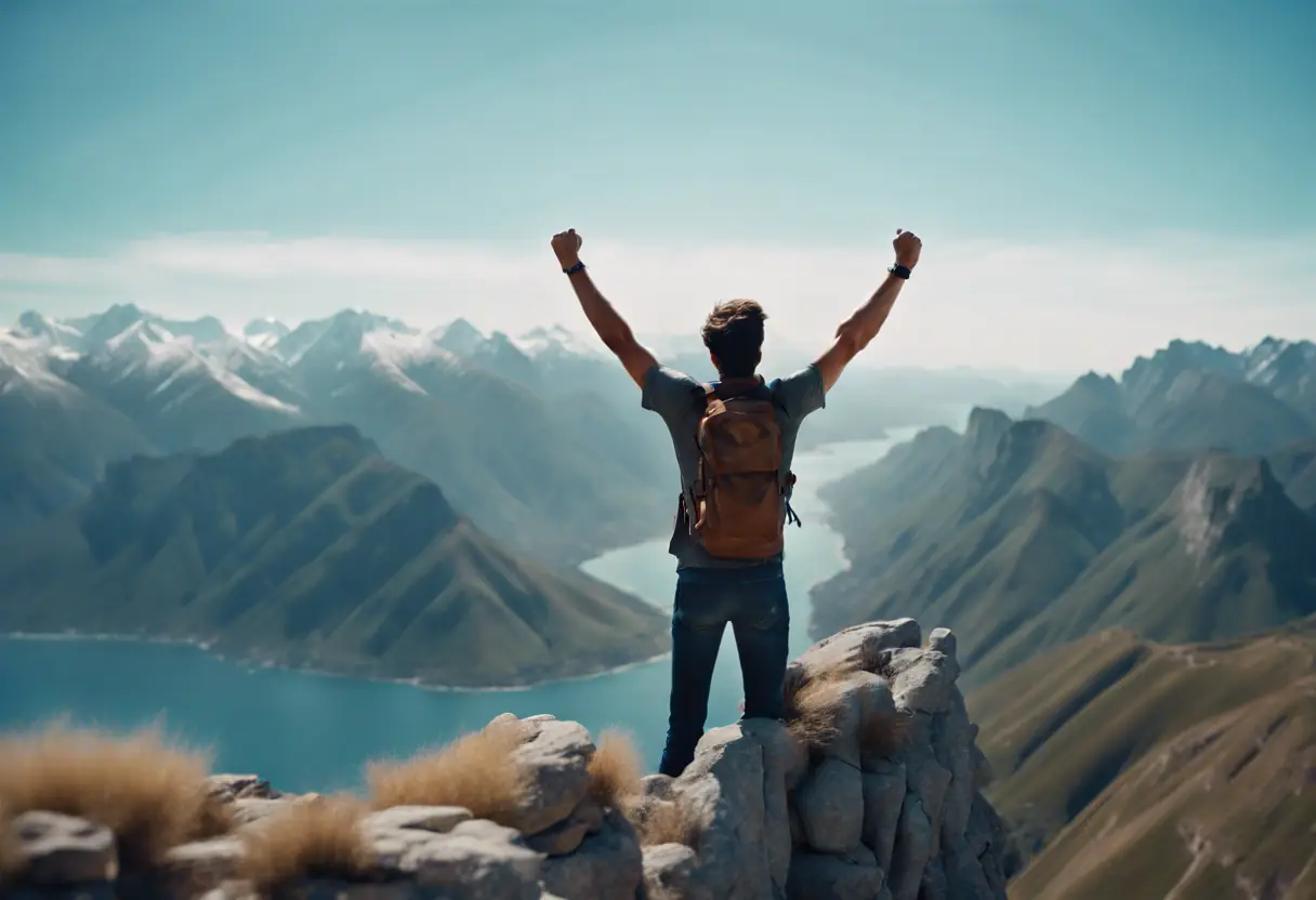A user celebrating after completing a dare on a scenic cliff.