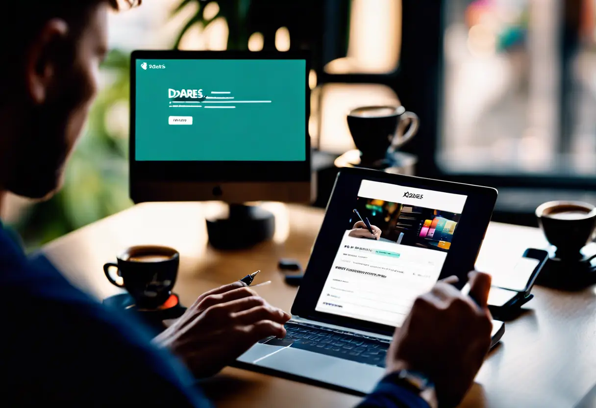 A user signing up on the Xdares mobile app at a stylish desk.