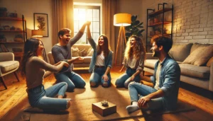 “Group of friends sitting in a circle laughing while playing Truth or Dare.
