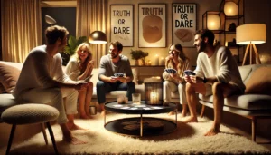 Four adults in a softly lit living room sharing Truth or Dare cards in a playful, intimate atmosphere.