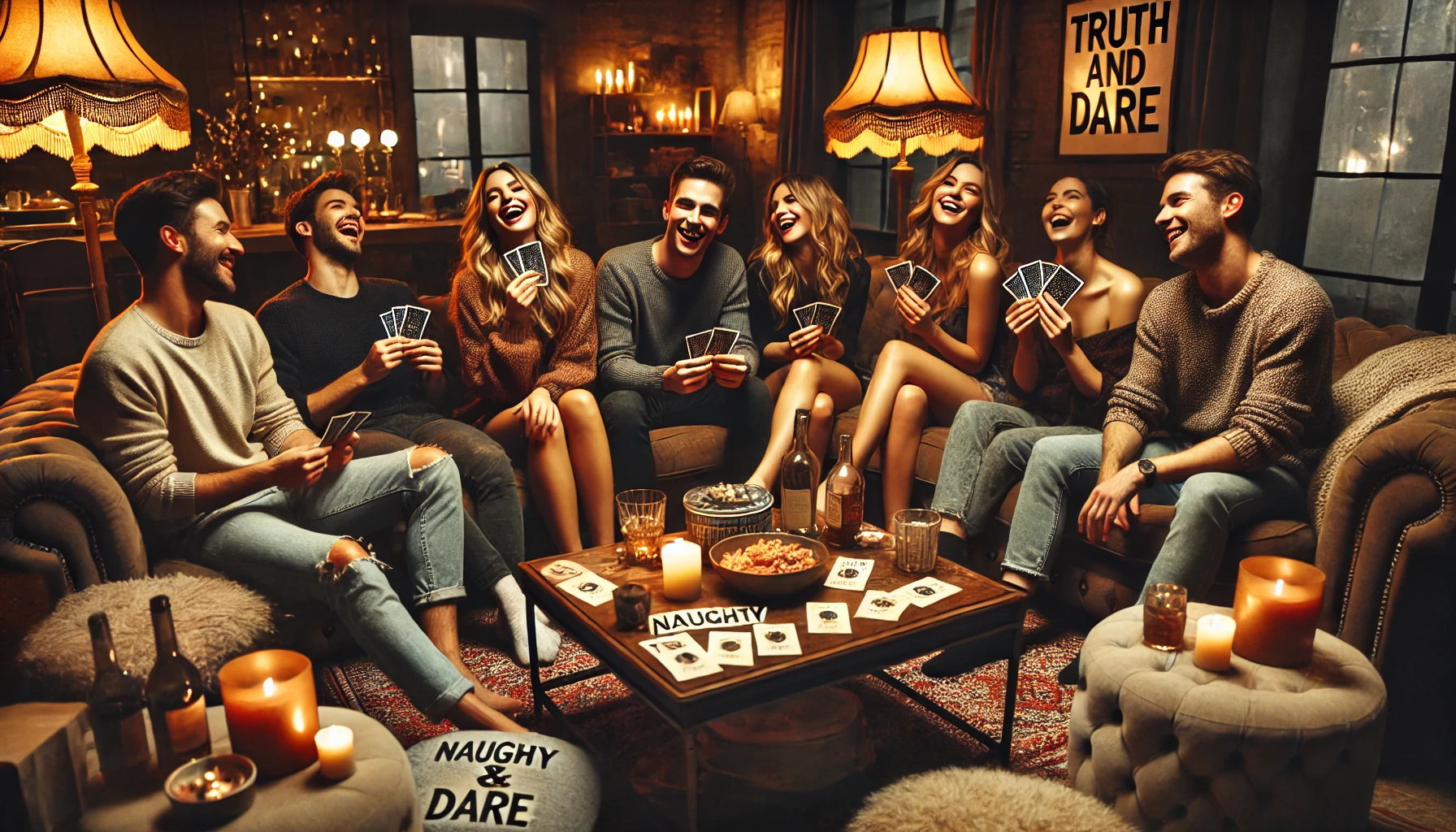 A group of friends sharing playful ‘Naughty Truth and Dare’ cards in a comfortable living room.