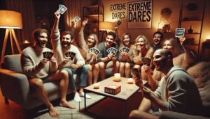A group of adults in a dimly lit space, eagerly drawing ‘Extreme Dirty Dares’ cards, reflecting thrilling excitement.