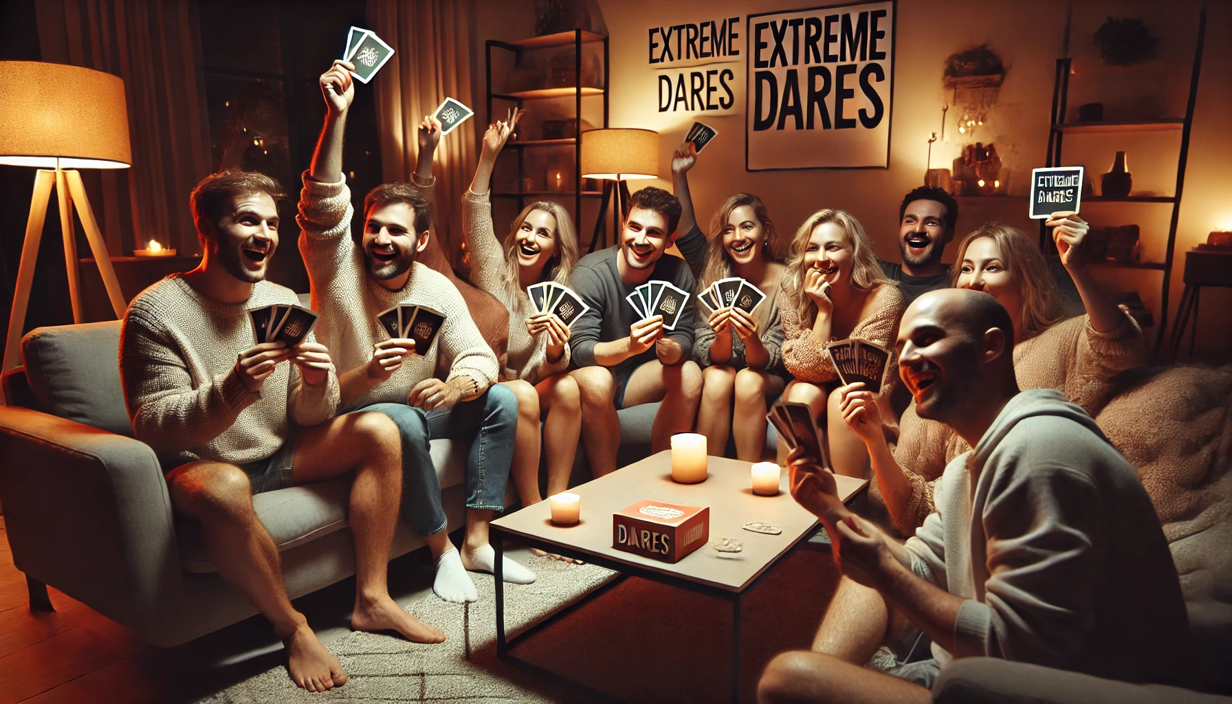 A group of adults in a dimly lit space, eagerly drawing ‘Extreme Dirty Dares’ cards, reflecting thrilling excitement.