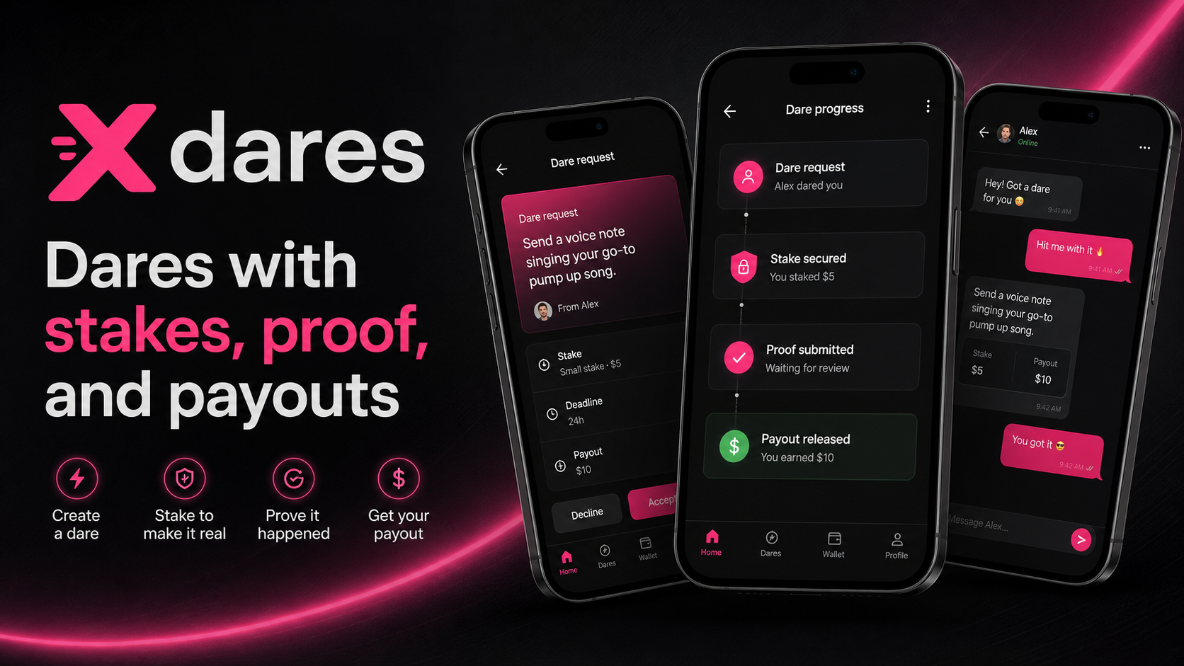 Xdares app interface showing dare requests, stakes, proof, and payouts