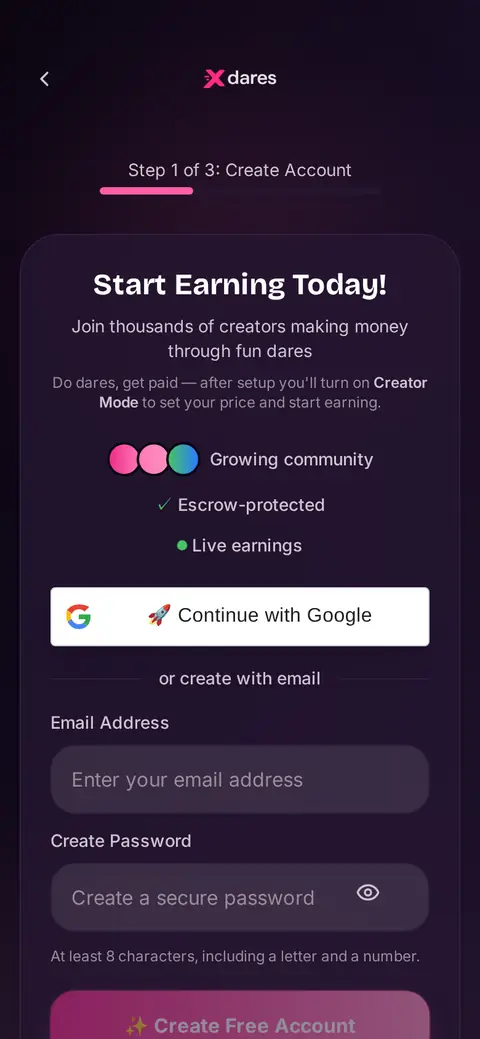 Xdares creator account setup screen