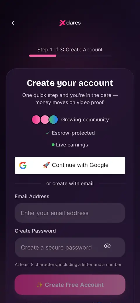 Xdares action-focused account setup screen